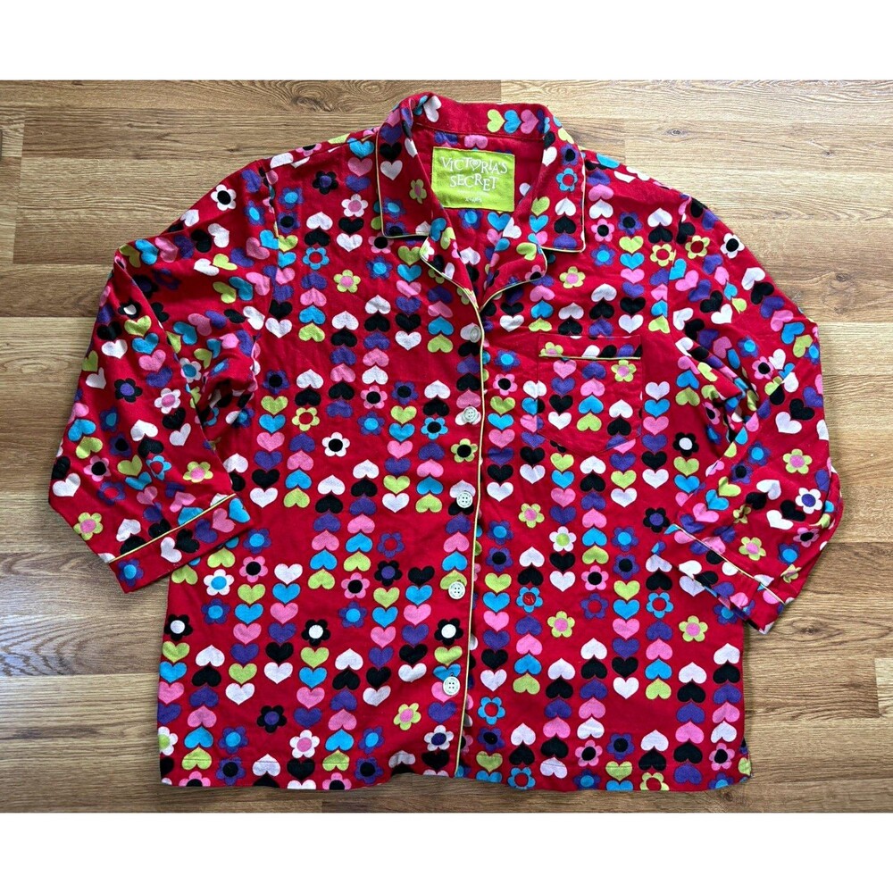 Victoria’s Secret PINK Flannel Pajama Top XL Red Heart Print Button Pocket